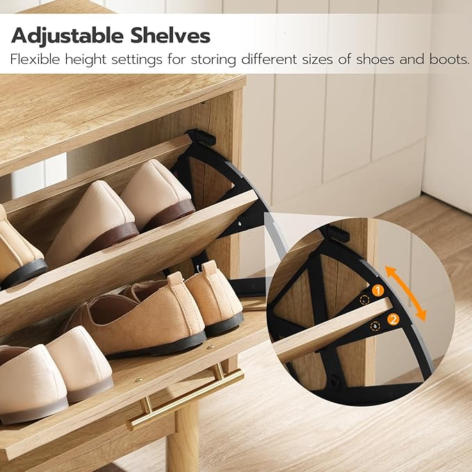 HOOBRO Shoe Storage Bench Entryway, Rattan-Like Shoe Bench with Flip Drawers, Narrow Shoe Rack Bench, Shoe Cabinet with Rattan Doors, Wooden Shoe Organizer for Entryway Hallway, Natural NL51HX01