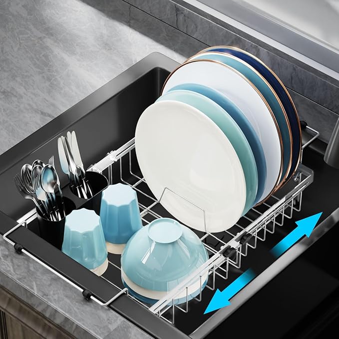 GSlife Expandable Over The Sink Dish Drying Rack - Stainless Steel Heavy Duty Dish Drainer with Square Corners, Rust Resistant with Lock Knob, Fit for Modern Single & Double Sinks, Black