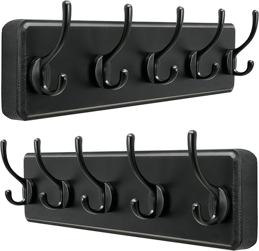 Dseap Wall Mounted Coat Rack: Patented, Heavy-Duty, 17.4" Long 5-Double-Hooks Wooden Hanger Rail for Winter Coats, Hats, Jackets, Clothing - Black, Pack of 2
