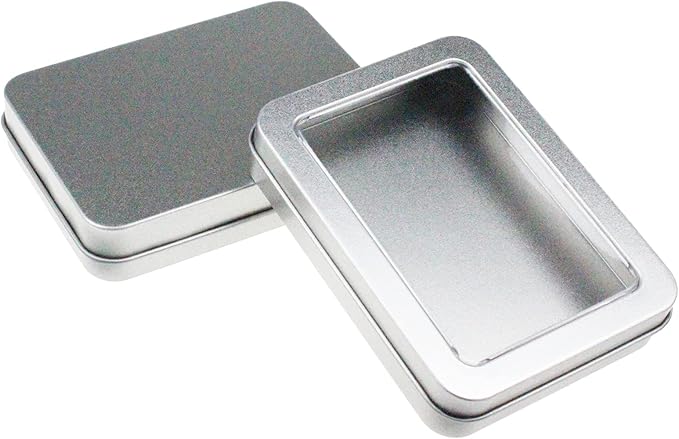 Goodma 12 Pieces Rectangular Empty Metal Tins Home Storage Containers Organizer Mini Box with Clear Window Lid, 4.5 x 3.35 x 0.87 inch (Silver)
