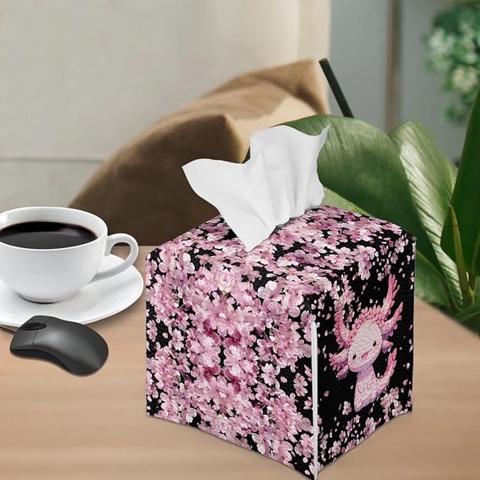 Axolotl Cherry Blossoms Tissues Cube Box Cover with Bottom Belt Decorative Tissue Box Cover for Bathroom Vanity Countertop Office Desk