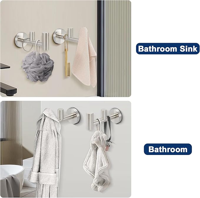 NearMoon Bathroom Double Towel Hook- SUS304 Stainless Steel Robe Towel Holder, Heavy Duty Double Coat Hook for Bathroom Livingroom Kitchen Wall Mounted (Brushed Nickel-F, 2 Pack)