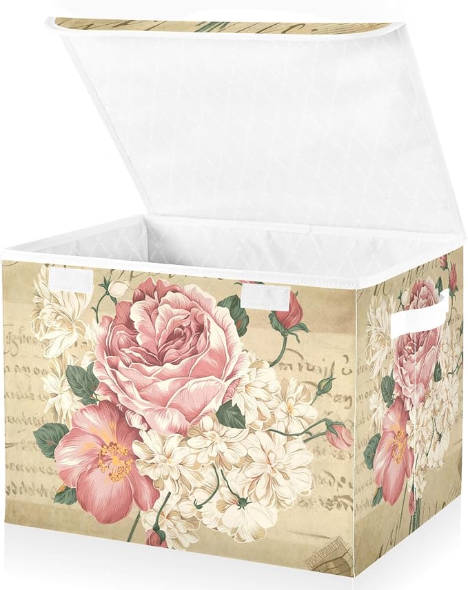 senya Flower Baskets Collapsible Storage Bins with Lids, Vintage Rose Floral Storage Boxes Clothes Baskets for Organizing