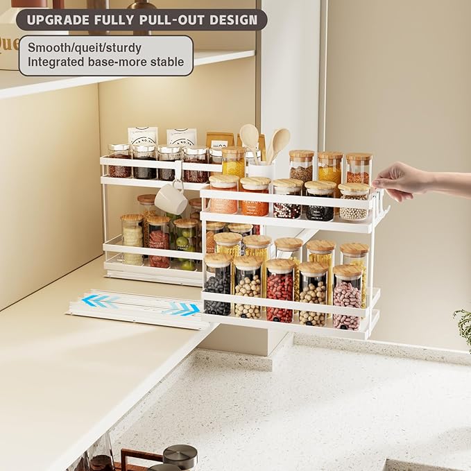 Pull Out Spice Rack Organizer for Cabinet, 4 Pack Metal Seasoning Organizer Slide Out Spice Storage Shelf No Assembly Vertical Spice Rack Pullout for Kitchen & Bahthroom No Drill(2 Tier,White)