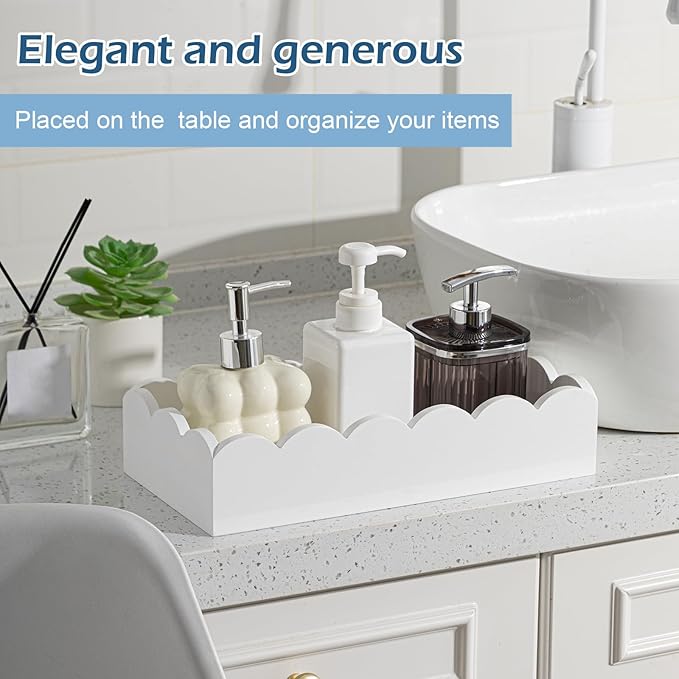 Toilet Paper Basket Storage Scalloped Wooden Toilet Tank Tray Topper Farmhouse White Bathroom Storage Organizer for Bedroom Vanity Kitchen Countertop Dresser Shelf Table Home Decor