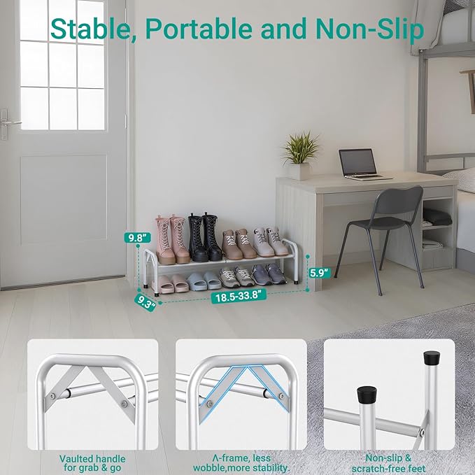 1-Tier Expandable Shoe Rack for Closet Floor, Λ-Frame Metal Small Shoe Rack for Entryway, Adjustable Shoe Shelf Organizer, Free Standing Shoe Racks for Front Door Entrance, Garage - White