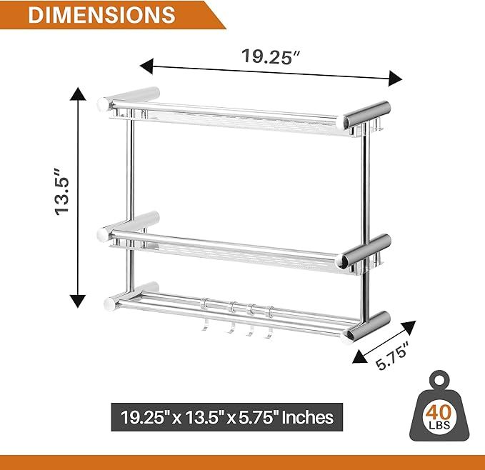 Cheer Collection Wall Mounted Shower Caddy - 2 Tier Stainless Steel Bathroom Shelves Organizer with Towel Hooks, No Drilling Necessary