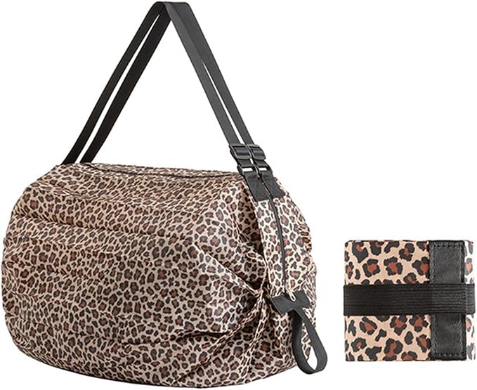 Portable Foldable Shopping Bag Large Capacity Multipurpose Storage Bag Sports Travel Shoulder Bag (Leopard Print)
