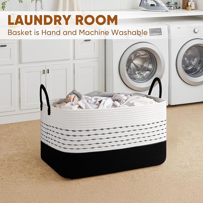 Large Blanket Basket for Living Room, 75L Woven Storage Baskets for Organizing, Rectangle Cotton Rope Basket With Handles-Black & White