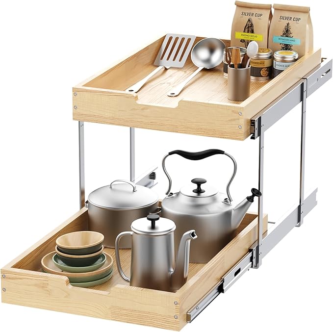 Wood Pull Out Cabinet Organizer 2 Tie 17" W x 21" D, Heavy-Duty Sliding Drawers for Inside Cabinets Storage and Organization for Kitchen, Pantry, Bathroom