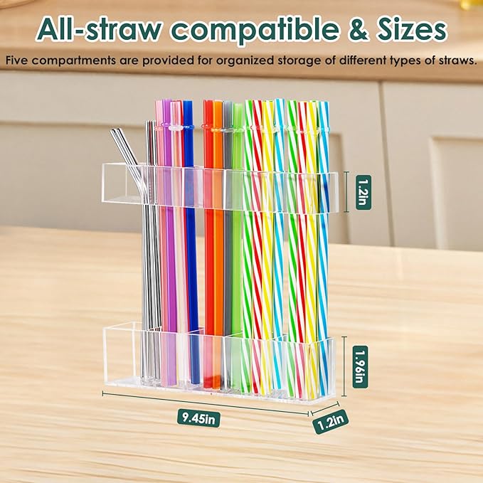 Straw Holder for Cabinet Door, 9.45âLarge Acrylic Reusable Tumbler Straw Organizer Storage Dispenser with Double Sided Adhesive,Under Cabinet & Wall Mount Drinking Straw Storage, Easy to Install