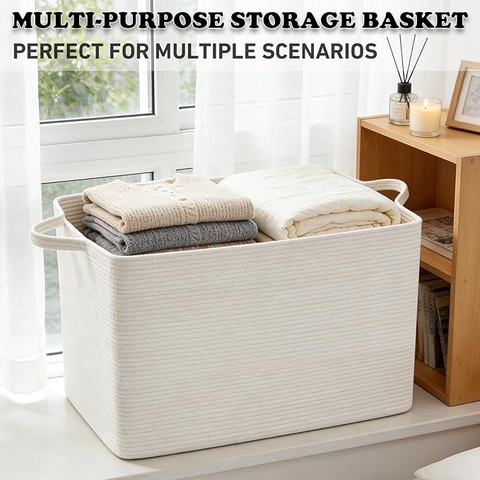 Magazine & Newspaper Baskets,65L Large Woven Rope Blanket Basket,21"x16"x12"Storage Bin with Handle,Toys Storage,Laundry Basket for Home Organization/Living Room/Nursery/Bedroom,White