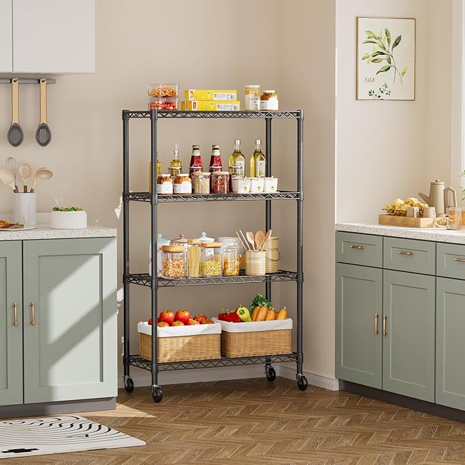 4 Tier Shelves Storage Shelf Wire Closet Bathroom Organizers Metal Pantry Kitchen Garage Shelving Unit Laundry Room Organization Home Rack Net Basket Black 14”D X 36”W X 58”H