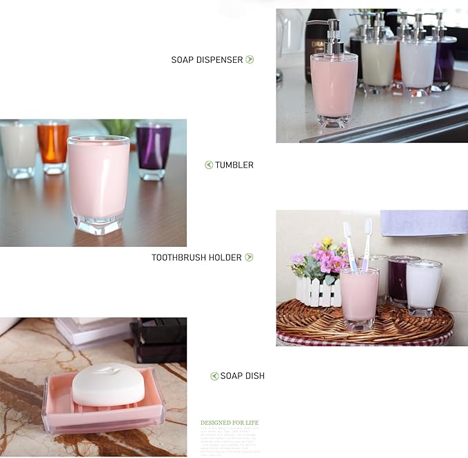 Bathroom Accessories Set of Acrylic Plastic soap Dispenser, Toothbrush Holder, Toothbrush Cup, soap Dish, Pink Bathroom Accessories 4pcs Set (Pink)