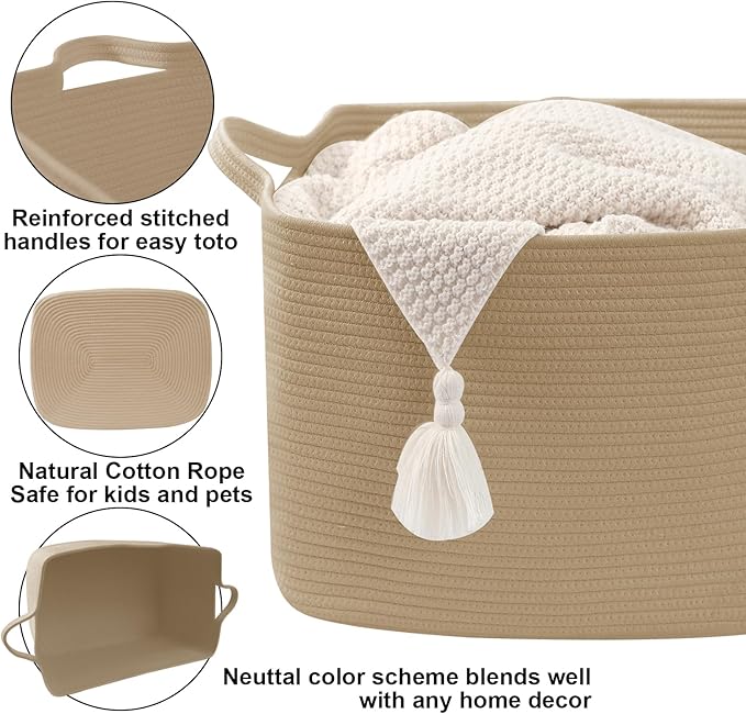 Magazine & Newspaper Baskets,Large Woven Rope Blanket Basket,24"x16"x15"Storage Bin with Handle,Toys Storage,Laundry Basket for Home Organization/Living Room/Nursery/Bedroom,Jute