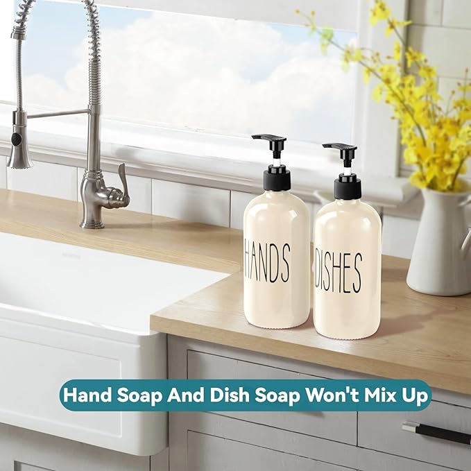 Glass Soap Dispenser Set 2 Pack,16 Oz Dish Soap Dispenser for Kitchen Sink,Beige Kitchen Accessories and Kitchen Decor,Beige Decorations and Kitchen Utensils for Kitchen