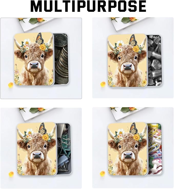 Metal Tin Box with Lid,Multi-functional Storage Box Can Store Tea Biscuits Game Cards, Playing & Tarot Cards-Comes with 4 Magnetic Cord Clips,Cute Cow Butterfly