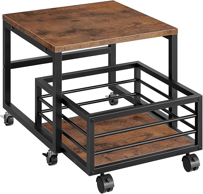 HOOBRO Mini Fridge Stand with Movable Storage Basket, Mini Fridge Cabinet with Wheels and Adjustable Feet, Sturdy Metal Frame, for Kitchen, Living Room, Office, Rustic Brown and Black BF155TL01