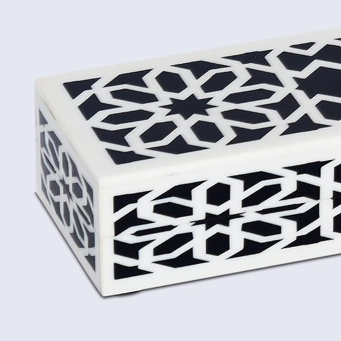 Handicrafts Home Decorative Storage Box with Lid– Black White Remote Control Holder, Slim Coffee Table Storage Box, Persian Rosette Lattice Organizer for Shelf & Desk– Geometric Shiraz 10 x 2.5 x 1.5