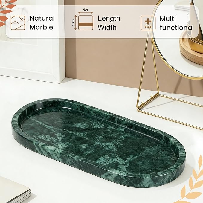 Natural Marble Tray, Green Stone Tray, Vanity Decorative Tray for Countertop, Catchall for Perfume, Candles, Skincare, Jewelry Dish, Bathroom Tray, Hotel Supplies