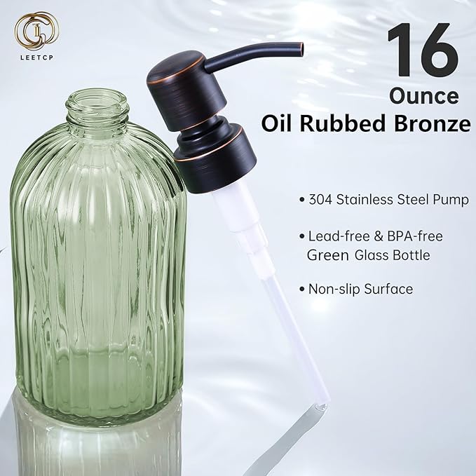 16Oz Green Glass Soap Dispenser with Rust Proof Bronze Stainless Steel Pump, Green Countertop Refillable Liquid Lotion Dispensers with Stainless Steel Pump, Oil Rubbed Bronze Soap Dispenser,2 Packs