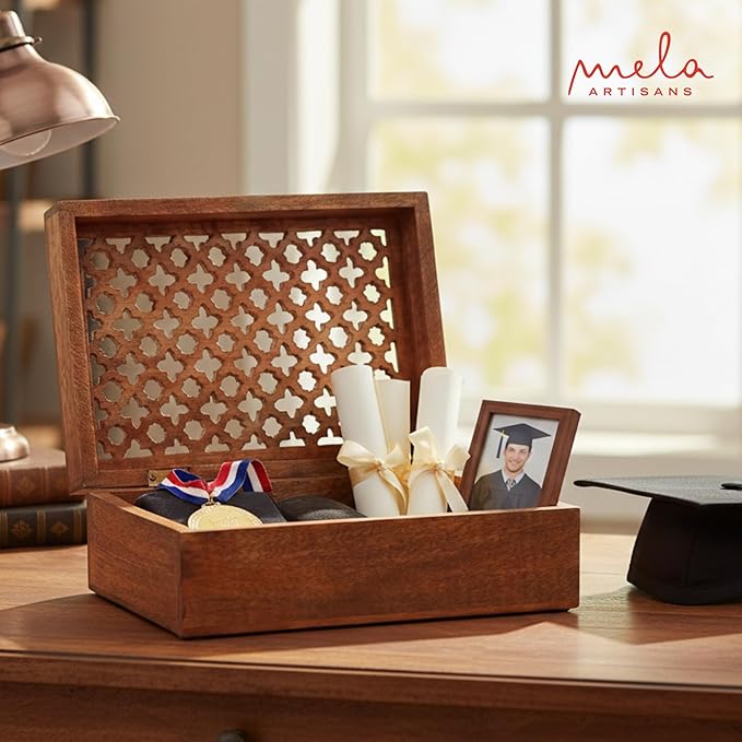 Mela Artisans Large Wooden Keepsake Box | Medium Polish Memory & Decorative Storage Box for Jewelry, Photos & Trinkets with Hinged Lid | vintage Storage Box | Trellis Design | 9 x 6 x 3.5