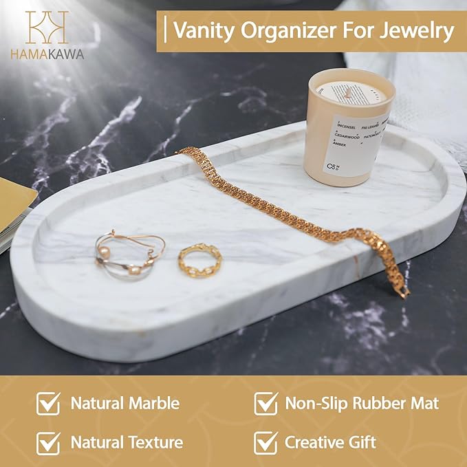 Oval Bathroom Vanity Tray, Large Natural Marble Tray 10 inch, Volakas White Stone Soap Trays, Modern Perfume Trays, Countertop Organizer for Kitchen, Coffee Table, Home Decor
