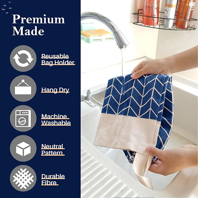 Canvas Grocery Bag Holder Dispenser, Wall Mount Shopping Trash Bag Storage Organizer (Classic Blue)