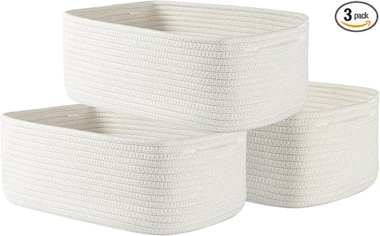 Small Woven Basket, 13.5 x 9.5 x 5 Inches, Storage Basket for Organizing, Cute Small Rope Shelf Closet Cube Storage Bins Baskets for Shelves, Dog Toy Gift Baskets Empty, 3 Packs, Off White