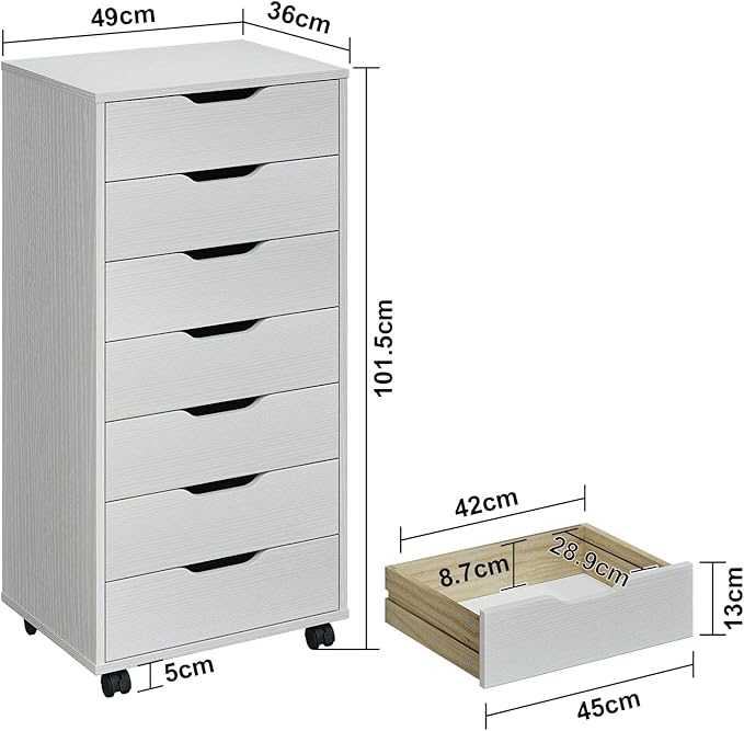 Panana 5/7 Drawer Chest, Wooden Tall Dresser Storage Dresser Cabinet with Wheels, Office Organization and Storage, Bedroom Furniture (White, 7 Drawer)