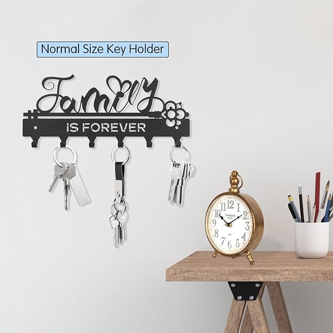 ”Family is Forever”Key Holder Wall Mounted,Key Holder on Wall,Black Metal Decorative Key Rack Hooks for Garage,Mudroom,Hallway,Entryway,Front Door,Office(Normal Size:28x12.3cm)