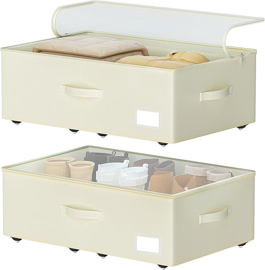 Under Bed Storage with Wheels, No Assemble Required 10 inches height Under Bed Storage bins,Large capacity Rolling Underbed Shoe Storage containers，dorm underbed storage drawers