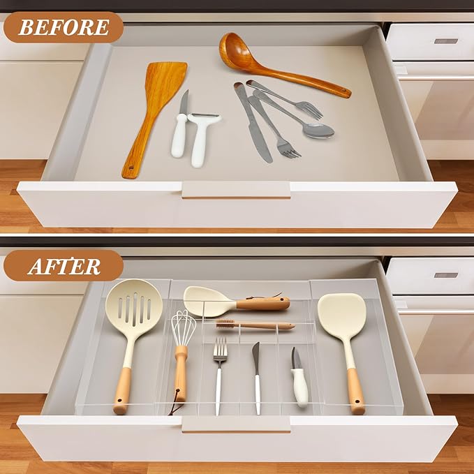 1 Pack Expandable Kitchen Drawer Organizer Clear Acrylic Utensil Organizer Adjustable Acrylic Silverware Storage for Drawers Silverware Flatware Knives (12 x 16 Inches,6-8 Compartments)