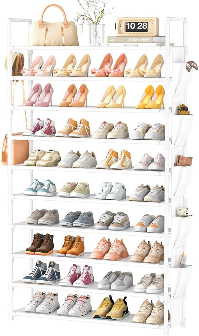 Tall Shoe Rack 10 Tier Shoe Racks Organizer for Closet 40-45Pairs,Large Capacity Storage Rack for Shoes with 5Hooks,Sturdy Metal Shoe Shelf, Vertical Shoe Stand Tower