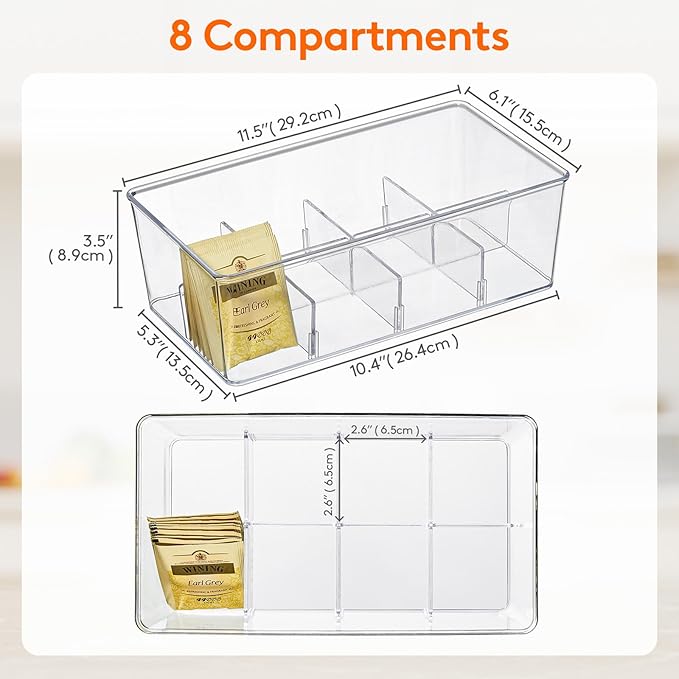 Lifewit Tea Bag Organizer with lids, Plastic Teabag Box with 16 Compartments, Stackable Divided Storage Containers for Cabinet, Pantry, Countertop, Hold Coffee Pods, Sugar Packets, Clear, 2 Pack