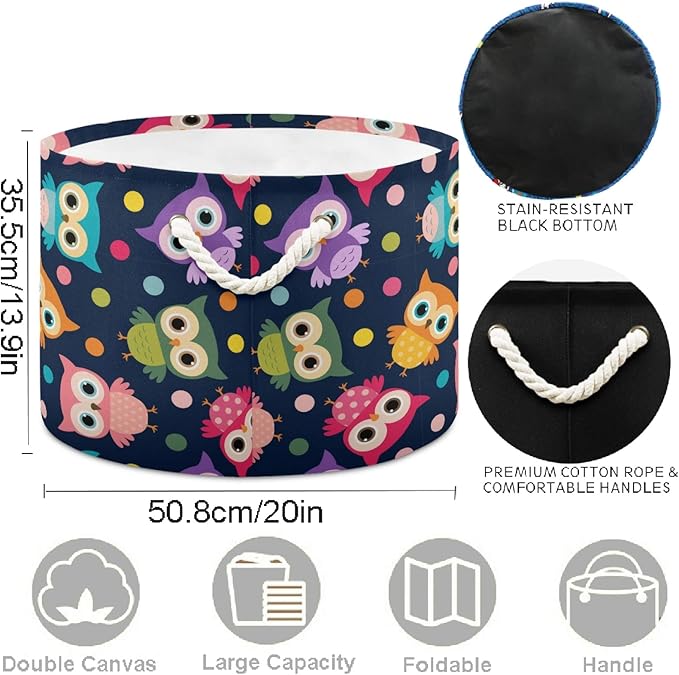 visesunny Storage Basket Colored Cartoonn Owl Dot Nursery Hamper Basket Clothes Toy Storage Organizer Bin Box Collapsible Laundry Bag for Kid Room,Playroom,Bathroom,Living Room,Dorm,Office
