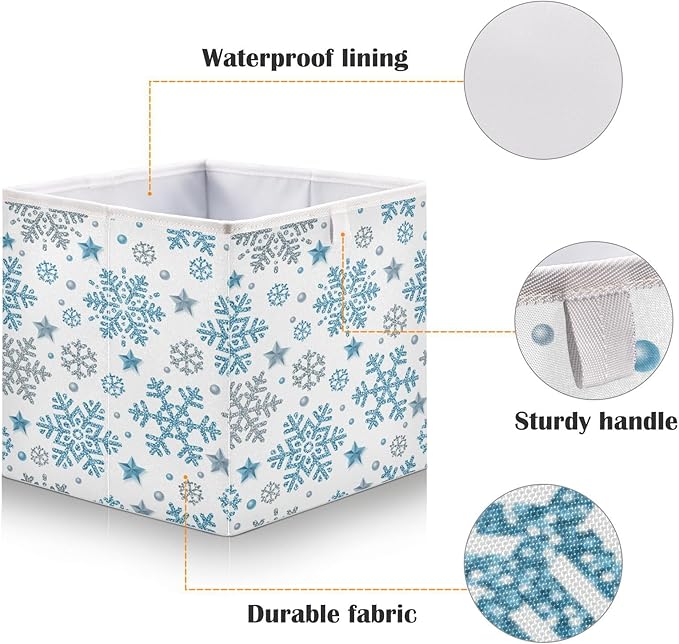 Bolaz Sliver Blue Snowflakes Closet Organizers Storage Cubes Christmas Storage Bins Shelf Baskets Containers for Home Room Office,Square