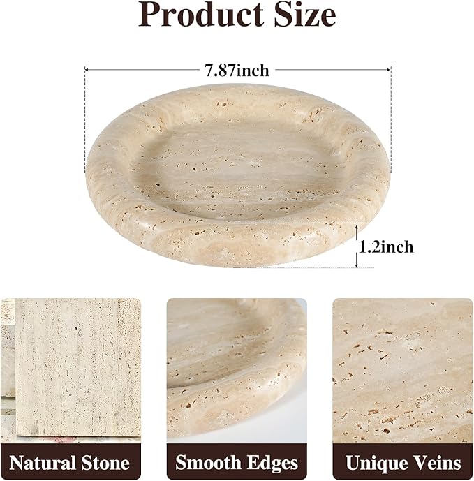 Natural Beige Travertine Vanity Tray - 8 Inch Round Stone Makeup & Jewelry Organizer Dish, Decorative Marble Tray for Bathroom Countertop, Coffee Table, Bedroom
