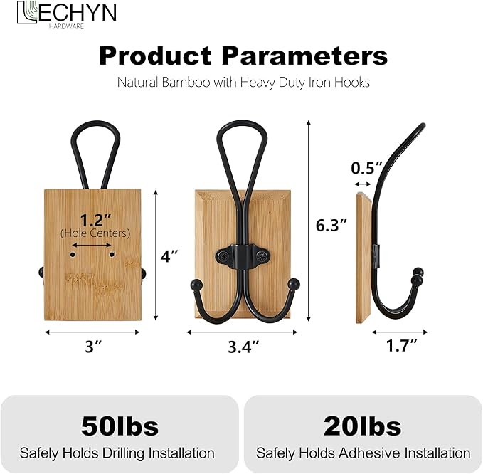4 Pack Farmhouse Towel Hooks for Bathrooms, Heavy Duty Adhesive Mounted & Wall Mount Rustic Farmhouse Decorative Wood Wall Hooks for Hanging Towel Robe Coat (Bamboo)