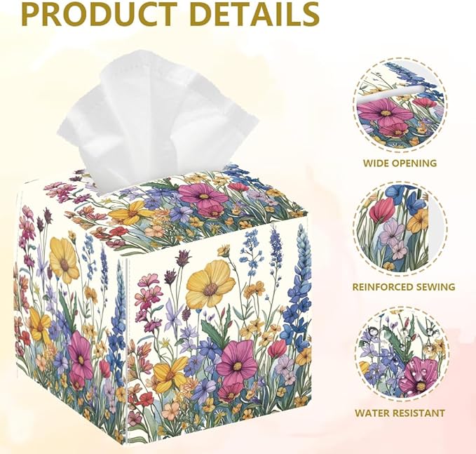 Wild Flowers Tissue Box Holder, Vintage Floral Square Tissue Box Cover Foldable Tissue Storage Box Waterproof Paper Towel Case Container Organizer Tissue Box Holder for Bedroom Office Car