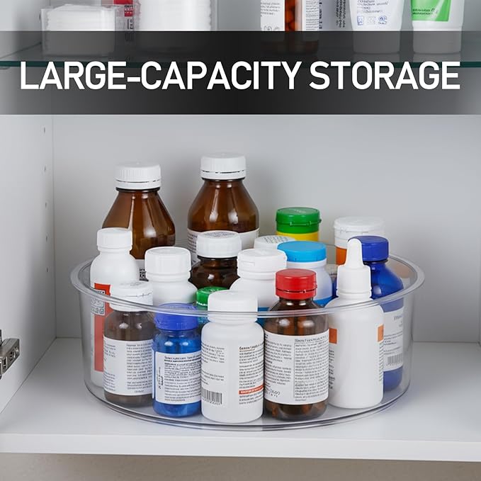 Medicine Bottle Organizer, Rotating Medicine Organizer for Cabinet, 9" Diameter, Transparent Rotary Turntable Organizer for Empty Pill Bottles Medication Supplements Vitamins