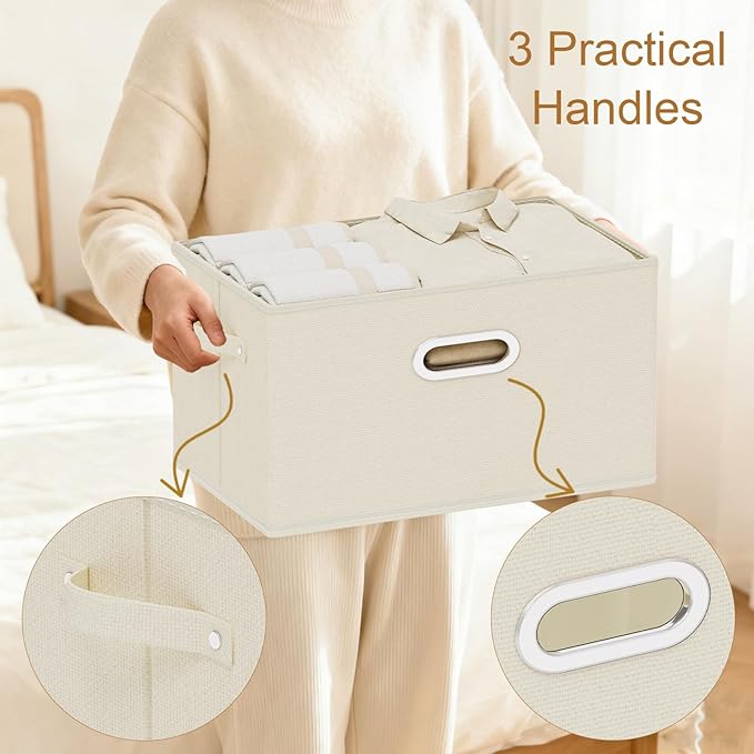 Foldable Cloth Basket with 4 Handles, Decorative Open Storage Boxes, Stackable Cube Organization, Fabric Bins for Shelves, Closet, Living Room, 13x9.1x7.9in, Beige, 4 Pack