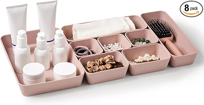 ISSEVE 8Pcs Nesting Silicone Drawer Organizer Trays, 4 Size Versatile Vanity Bathroom & Desk Drawer Organizer Set Storage Bins for Office,Kitchen,Nightstand,Pink