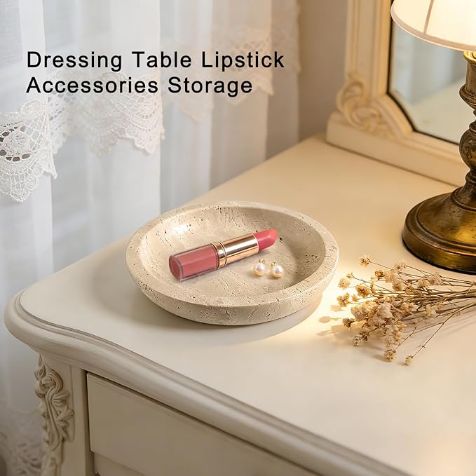 Travertine Jewelry Dish Tray - Decorative Stone Catchall Bowl for Entryway Table, Keys & Rings Holder, Natural Marble Home Decor Organizer (5.5 Inch)