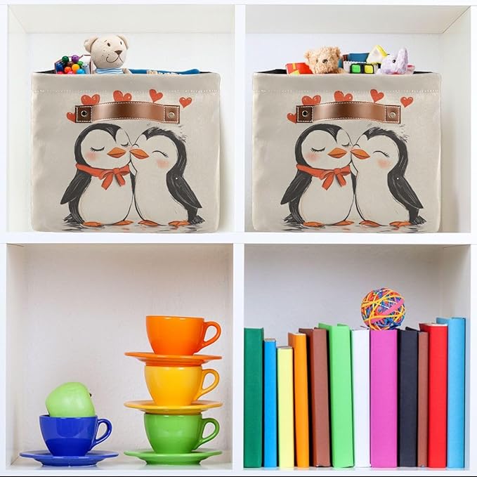 Penguin Heart Storage Basket,Large Storage Bin Fabric Collapsible Organizer Bag with Handles 15x11x9.5 inch