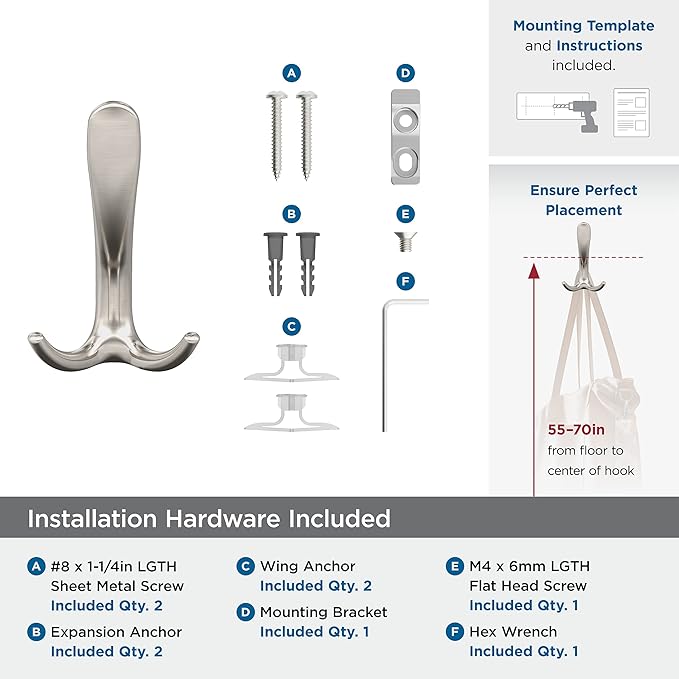 Amerock HBX37013G10 | Finesse Triple Prong Decorative Wall Hook | Satin Nickel Hook for Coats, Hats, Backpacks, Bags | Hooks for Bathroom, Bedroom, Closet, Entryway, Laundry Room, Office