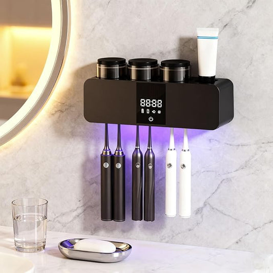 Toothbrush Cleaner Holder, Recharging Wall Mounted Tooth Brushing Holder with Cleaner & Drying, 3-Cup - Family Home Bathroom Organizer, No-Drill Installation (Black)