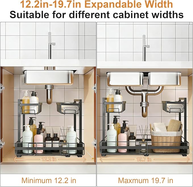 Under Sink Organizer, 2 Tier Metal Under Sink Organizers and Storage, Adjustable Slide out Pull out Cabinet Organizer Shelf for Kitchen Bathroom Pantry Cabinet