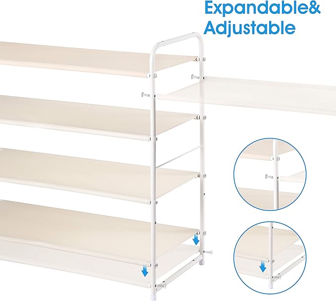 Simple Trending 4 Tier Stackable Shoe Rack, Expandable & Adjustable Fabric Shoe Shelf Storage Organizer, White