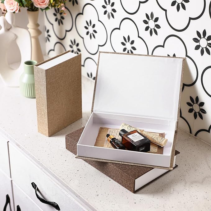 Tioncy 3 Pcs Fake Book Box Neutral Linen Book Box Decorative Faux Prop Storage for Farmhouse Home Decor shelf Table Card Photo DIY Keepsake Gift(Multi Sizes,Khaki, Dark Coffee, Light Coffee)